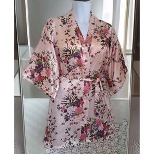 Eplaza Satin Robe L Pink Floral Wrap Tie Closure Kimono Lightweight Intimates